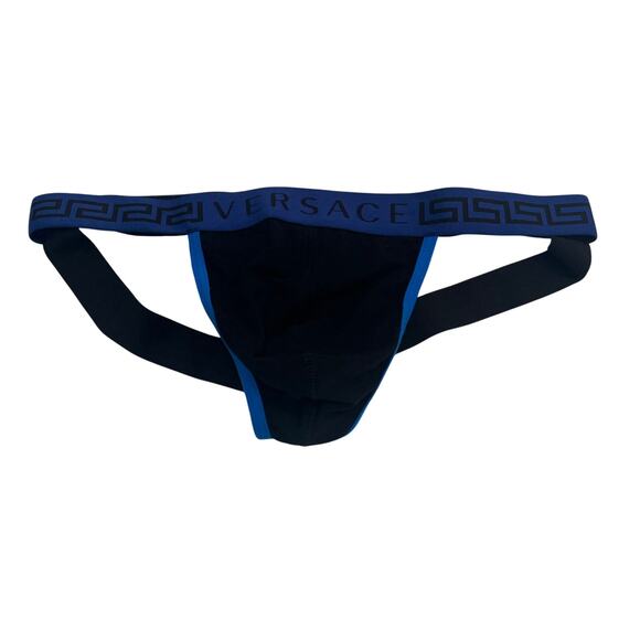 M2-2 VERSACE Men's Greca Jockstrap Underwear Stretch Black/Blue Size 7/36-38/L - Picture 1 of 10